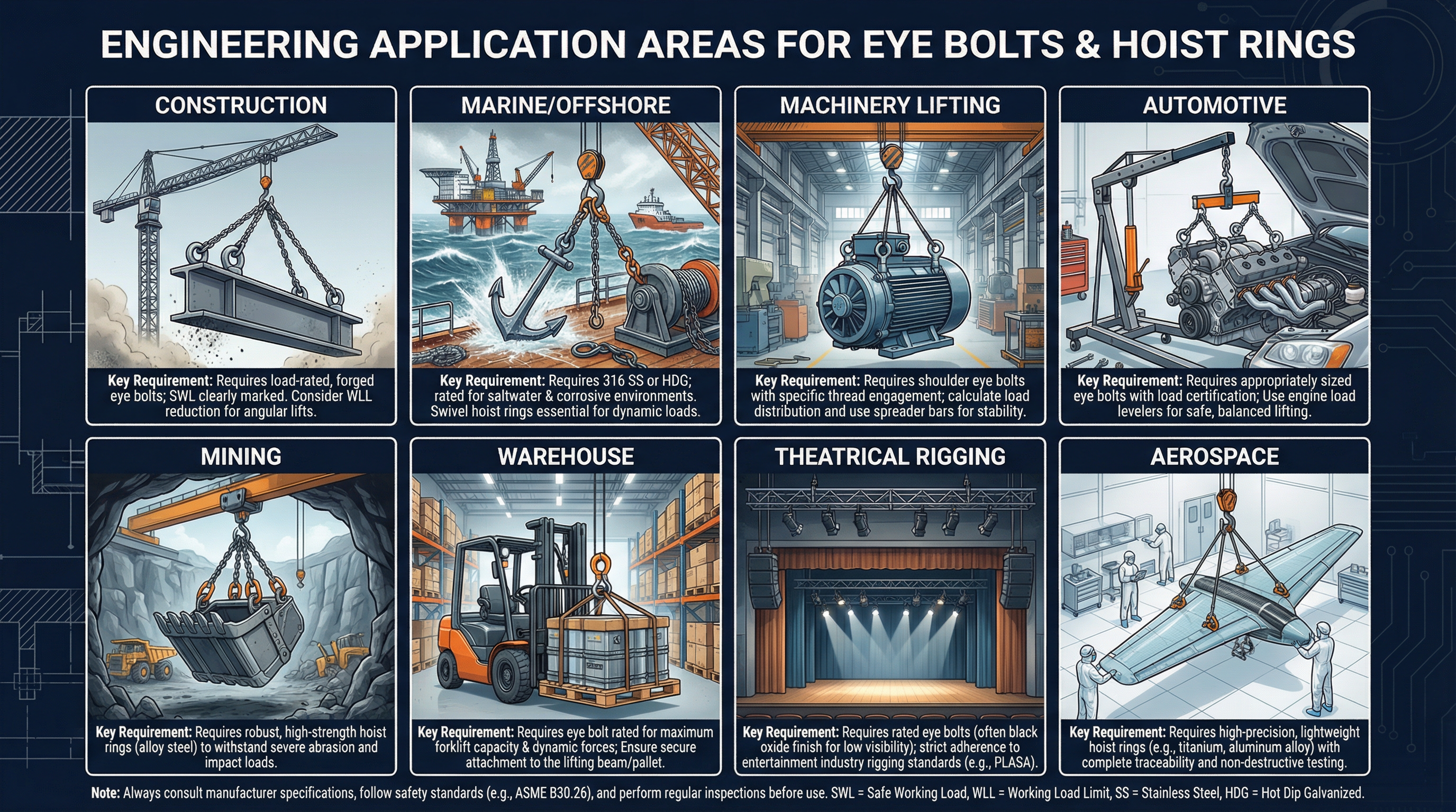 Engineering infographic showing 8 key application areas for eye bolts and hoist rings in a 2×4 grid: Construction, Marine/Offshore, Machinery Lifting, Automotive, Mining, Warehouse, Theatrical Rigging, Aerospace. Each with key requirement callout.